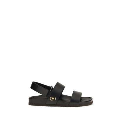 Valentino Garavani Black Calf Leather Bos Taurus Flat Sandals