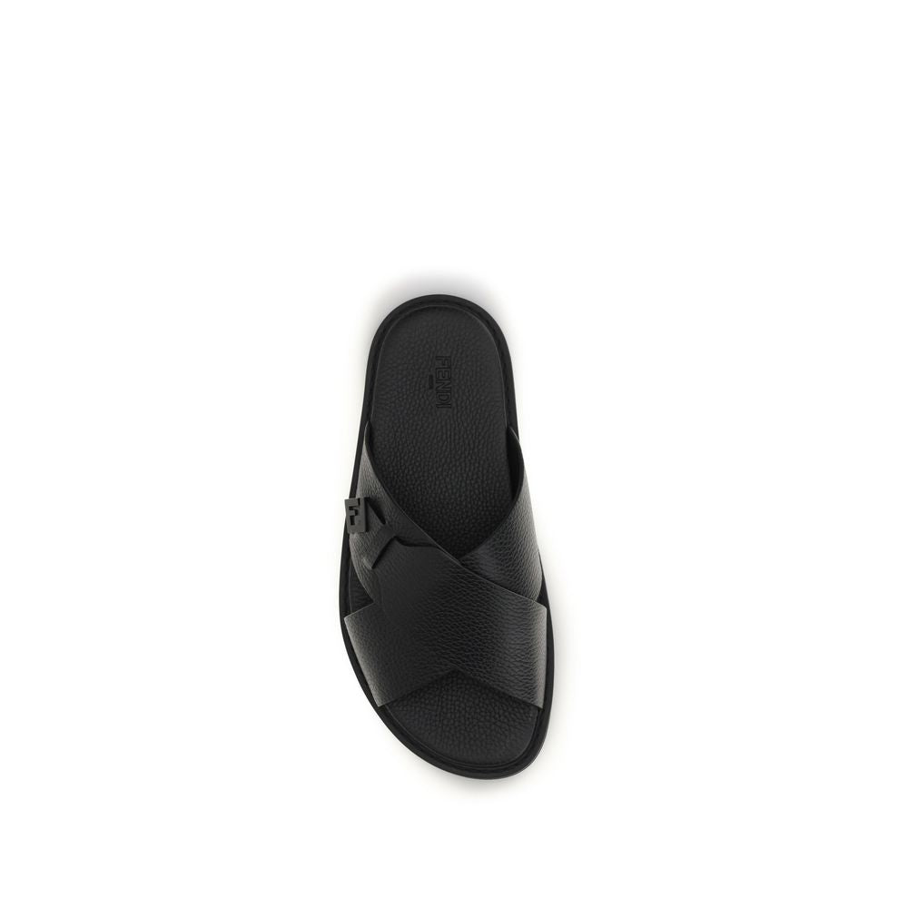Fendi Black Calf Leather Bos Taurus Flat Sandals