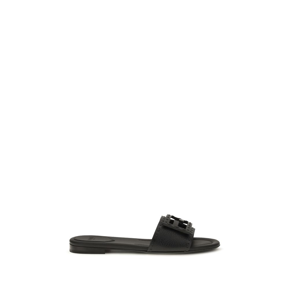 Fendi Black Calf Leather Bos Taurus Flat Sandals