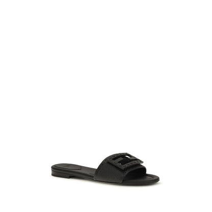 Fendi Black Calf Leather Bos Taurus Flat Sandals