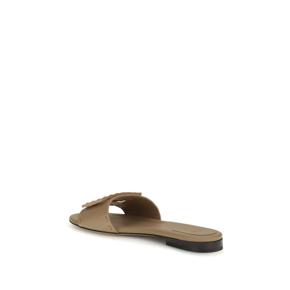 Fendi Beige Calf Leather Bos Taurus Flat Sandals